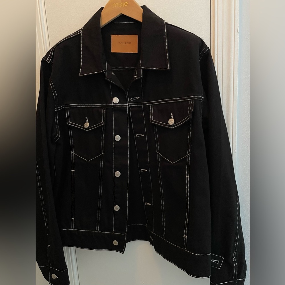 Sandro Men's Black Contrast Stitch Denim Jacket